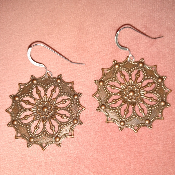 Solid 925 REAL Sterling Silver Wires Bronze Copper Handmade Mandala Earrings New - Picture 3 of 7
